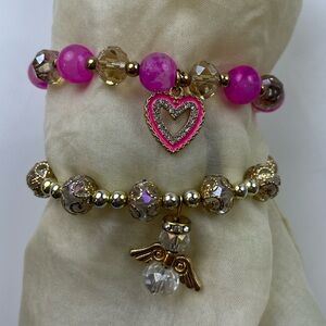 Set of 2 - Glass Beads Bracelet with Heart and Wings Charm HR11-26